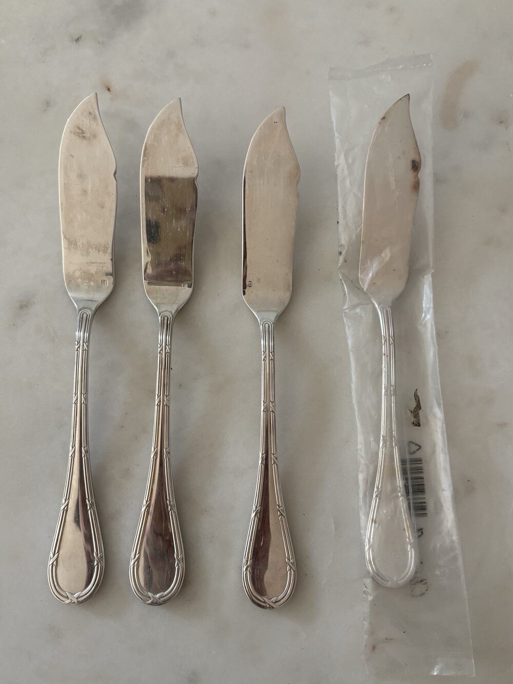 Christofle Hotel Rubans Silverplate Fish Butter Knives Set 4 Vintage France 8”
